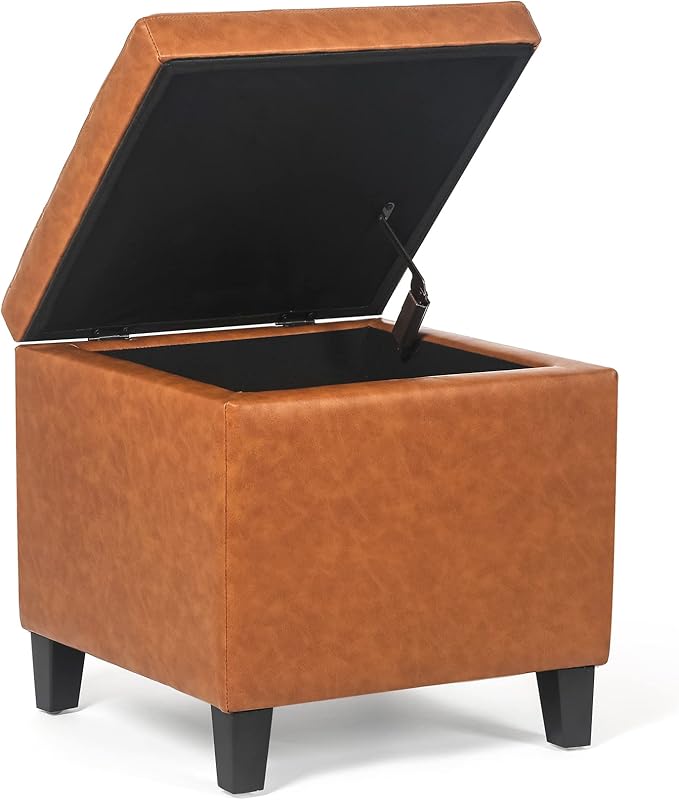 Homebeez Tufted Faux Leather Storage Ottoman Square Cube Foot Rest Stool with Flip Top, Orange