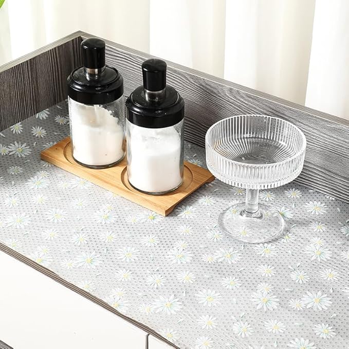 Daisy Flower Shelf Liner for Kitchen Cabinets, Non-Adhesive Drawer Liners, Non-Slip Refrigerator Mat, Washable EVA Cabinet Liner for Pantry, Fridge, Closet, Cupboard, 12" x 20 FT