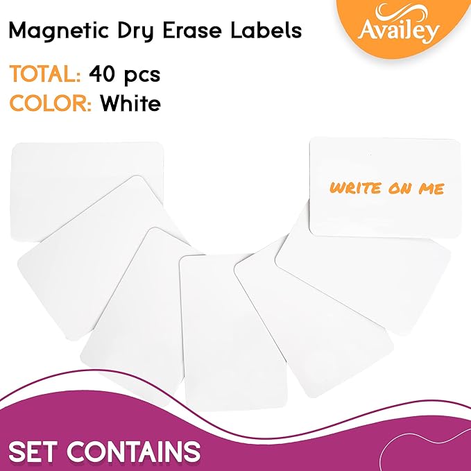 Availey 40 Pieces (3 x 2) - White Magnetic Dry Erase Labels - Reusable Strips for Classroom Home Office Garage - Refrigerator Blank Writable Erasable Cards - Name Tags Students Locker Shelf