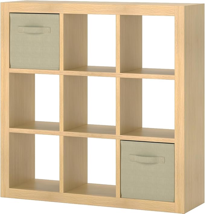 Bookshelf with Storage Bins, 9-Cube Storage Organizer Sturdy Wooden Bookcase Open Book Shelf, Multifunctional Cubicle Rack for Storage & Display, Furniture for Living Room Bedroom Office, Oak