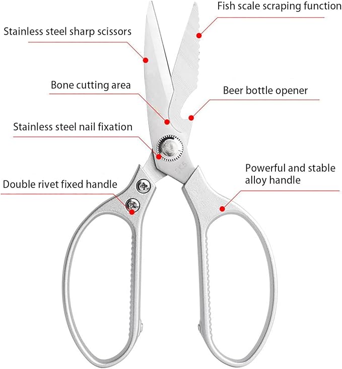 Kitchen Scissors All purpose, Have duty Stainless Steel Cooking Shears for Cutting Meat,Chicken, Poultry, Fish, Herbs, Seafood Scissors with Comfort Grip siver