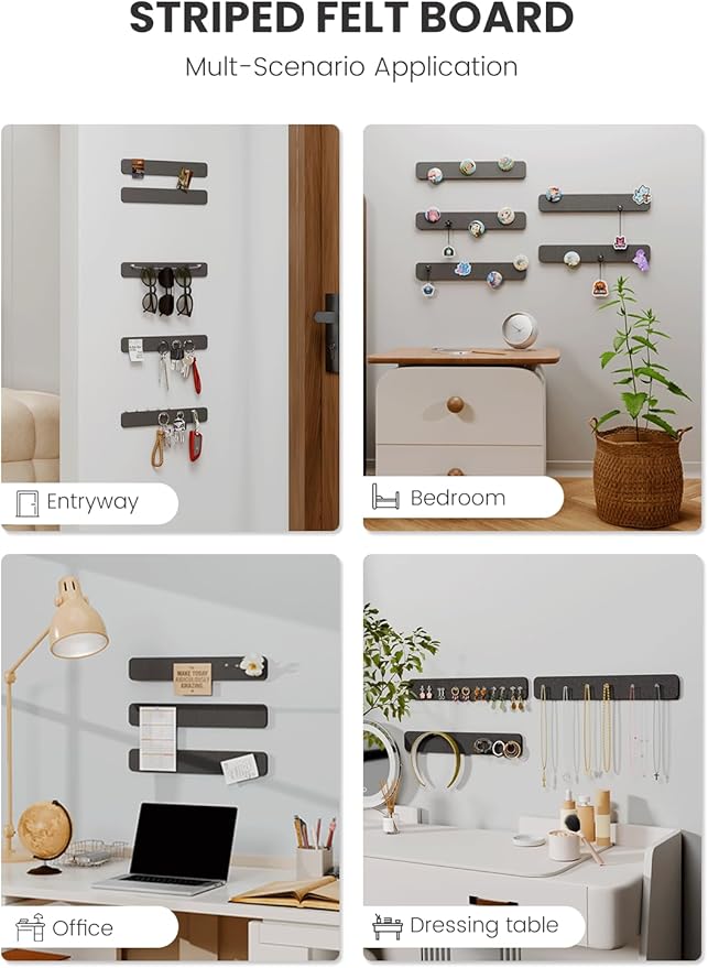 Fluxynara Cork Board Alternative Felt Strip Board 5-Pack 13"x2", Office Pin Board with 35 Push Pins, Adhesive Install for Bedroom Door & Home Office(Black)