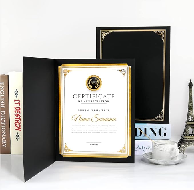 SUNEE Certificate Holders(Black, 60 Packs, New Pattern), Diploma Covers Gold Foil Border, for Letter Size 8.5x11 Certificates, Cardstock, Document Papers