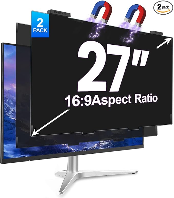 GUDTEKE 2Pack Magnetic 27 Inch Privacy Screen for Computer Monitor 16:9 Aspect Ratio, Hanging Removable Anti-Blue/Glare Protector Film, Anti Spy Desktop Security Private Filter 27in