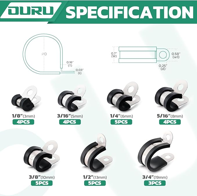 OURU 30PCS Cable Clamps Assortment Kit,7 Sizes—1/8" 3/16" 1/4" 5/16" 3/8" 1/2" 3/4" Stainless Steel Rubber Coated Cushioned Insulated Cable Clamp,Automotive Wire Pipe Clamps