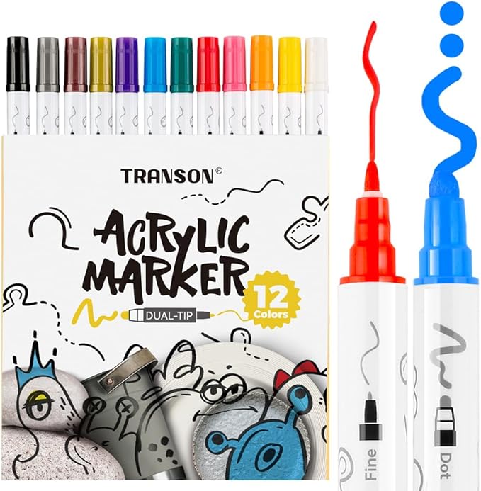 TRANSON 12 Color Bold and Fine Dual-tip Acrylic Paint Pen Set for Canvas Rock Wood Leather Ceramic DIY Painting