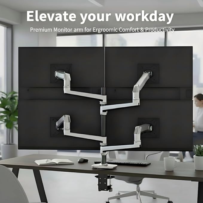Ergounion Quad Monitor Mount, Holds Screens up to 40 Inches and 25 lbs, Fully Adjustable 4 Monitor Mount with C-Clamp and Grommet Base, Aluminum, Silver