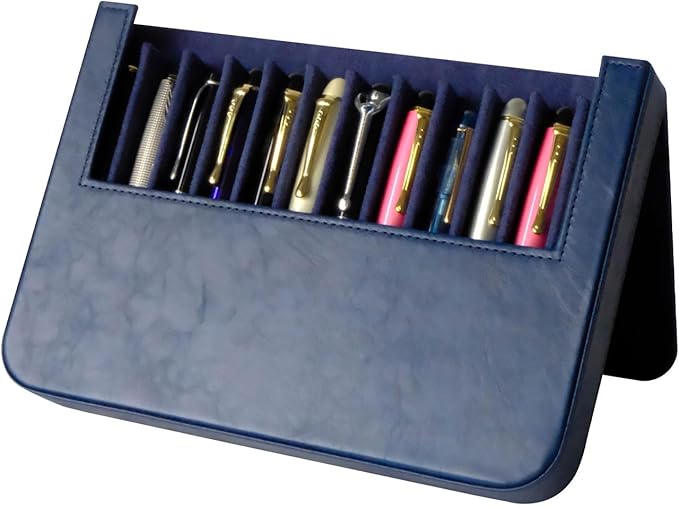 MIVLXLX PU Leather 12 Fountain Pen/Pencil Tray Case Organizer, Fashion Design, Handmade, Magnetic Closure with Drawer, Christmas Gift for Man/Woman/Office, 12 Slots(blue)