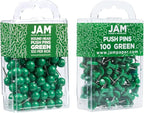 JAM PAPER Colorful Push Pins - Flat & Round Head Thumb Tack Combo Set - Green Pushpins - 200/Pack