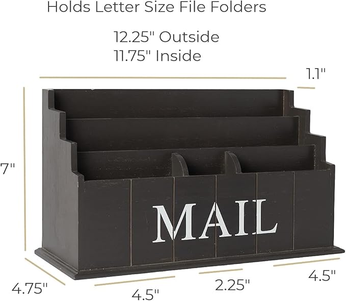BLU MONACO Espresso Brown Wooden Mail Organizer | 3-Tier Rustic Desktop Mail Sorter for Kitchen Counter or Office | Wooden Letter Holder and Bill Storage Caddy | 12.5” x 4.5” x 7” Countertop Organizer