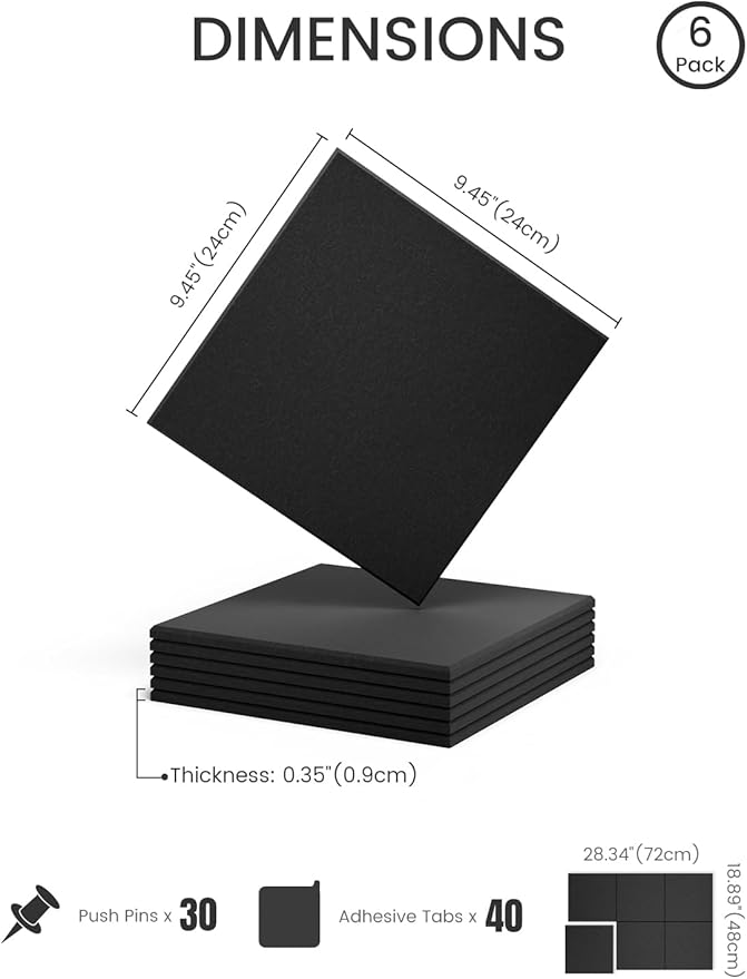 Fluxynara Felt Bulletin Board Tiles -28"x18" Cork Board Alternative for Office Decor, Push Pin Board Wall Organizer 6-Pack - Black
