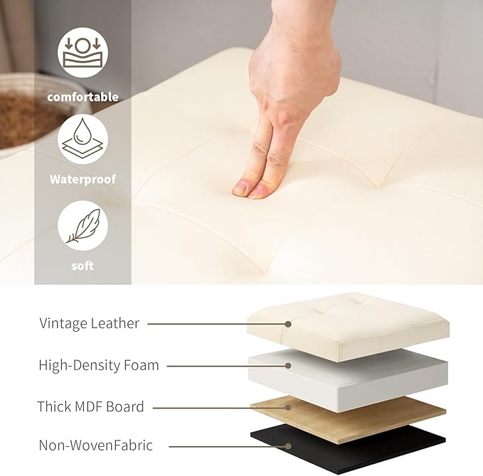 Asense 17 Inch Storage Ottoman Foot Rest,Square Faux Leather Foot Stool,Small Ottoman with Storage,Padded Seat for Entryway,Living Room,Bedroom,Couch,Under Desk,Beige