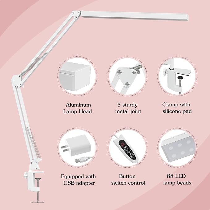 BZBRLZ LED Desk Lamp, Manicure Table Lamp, 16" Lamp Head, Dimmable Eye-Caring Drafting Light with 3 Color Modes, 10 Brightness Levels & Adapter, Memory Function(White)
