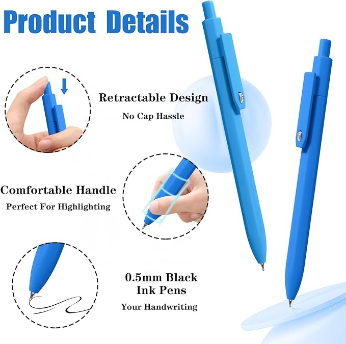 Piochoo Pens, 0.5mm Black Ink Gel Pens, Quick Dry No Smudge, Smooth Writing Comfortable Grip Pen for Journaling and Note Taking, Cute Aesthetic Best Gifts for Women Nurses Teachers