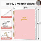 SUNEE 2026 Planner, Weekly and Monthly Calendar Planner, January 2026-December 2026, Daily Agenda with Tabs, Note Pages, Spiral Binding, 6.4"x8.3", Pink