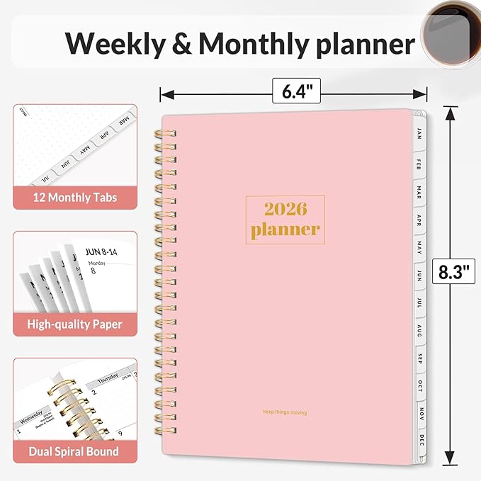 SUNEE 2026 Planner, Weekly and Monthly Calendar Planner, January 2026-December 2026, Daily Agenda with Tabs, Note Pages, Spiral Binding, 6.4"x8.3", Pink