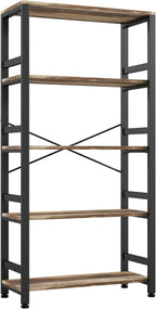 IRONCK Bookshelves and Bookcases, 31.5in Wide Shelf 5-Tier Ladder Shelf 110lbs/shelf Vintage Industrial Style Bookcase for Bedroom Living Room Home, Rustics Brown