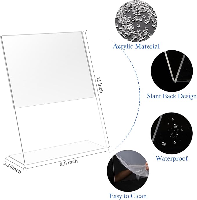 WAEFNO 12 Pack Acrylic Sign Holder 8.5 X 11, L Shape Clear Sign Holder, Clear Plastic Sign Holder Picture Photo Frames, Flyer Document Paper Display Stand for Office Desktop