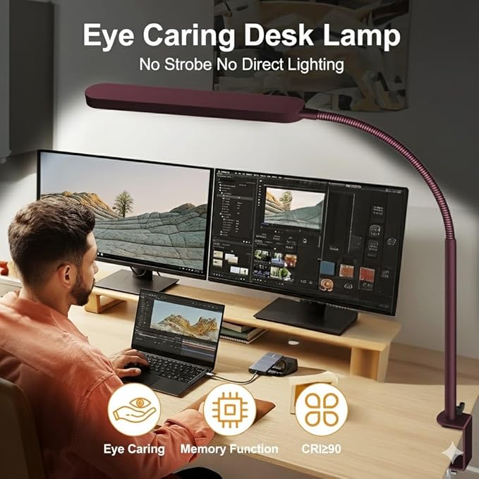 SKYLEO LED Desk Lamp - Desk Light for Home Office - Flexible Gooseneck - 5 Color Modes X 11 Brightness Levels - 1300LM - Timmer & Memory Function - 12W Clip on Light - Red