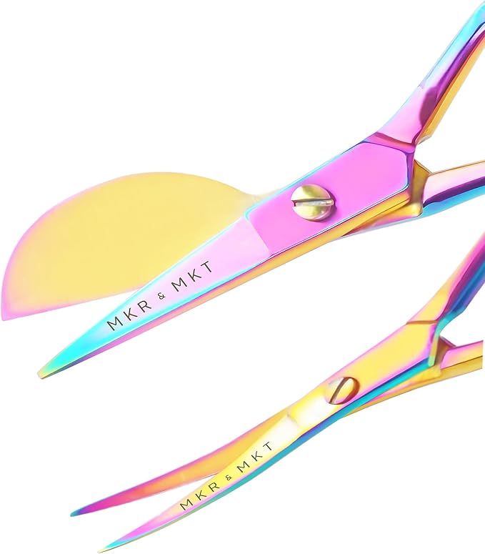 MAKER AND MARKET Small Embroidery 4.5 Inch Scissors Set of 2 Kit - Mini Double Bend Offset Duckbill and Double Bend Long Applique Needlepoint Blade with Pouch Sleeve (Rainbow)