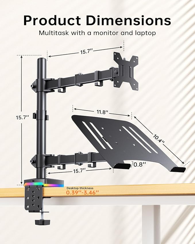 RGB Monitor and Laptop Mount Stand with 3 USB Ports, Charging and USB Data Transfer, Adjustable laptop stand for 13" to 32" Screen and 11"-17” Laptop, Holds 18lbs/Arm, 75x75/100x100 VESA, C-Clamp