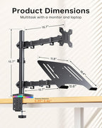 RGB Monitor and Laptop Mount Stand with 3 USB Ports, Charging and USB Data Transfer, Adjustable laptop stand for 13" to 32" Screen and 11"-17” Laptop, Holds 18lbs/Arm, 75x75/100x100 VESA, C-Clamp