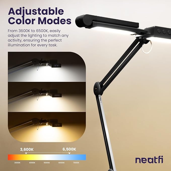 Neatfi (New Model) 3,000 Lumens LED Desk Lamp, Dimmable, 360 SMD LEDs, 30W, CRI 95, Adjustable Light Modes, Task Lamps for Home Office, Study Lamp, Desk Light Bar (CCT with Clamp, Black, 44 Inches)