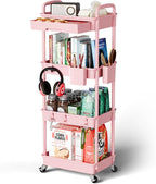 Sorgion 4 Tier Rolling Cart Organizer,Art Craft Diaper Bedside Snack Laundry Room Bathroom Organizer Narrow Thin Slim Rolling Trolley Utility Cart with Wheels for Kitchen,Office(Pink)