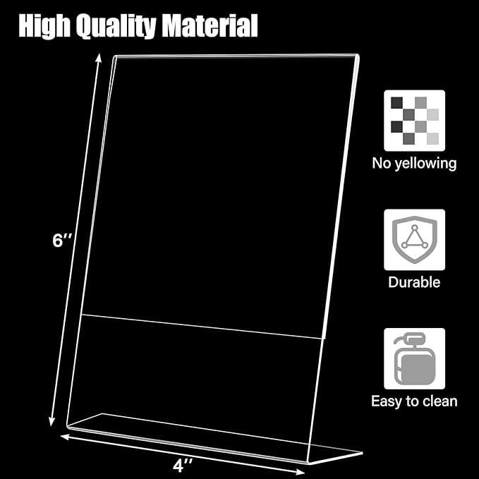 xydstay 6pack Acrylic Sign Holder 4x6 for Picture Frames, L Shape Clear Plastic, Plastic Sign Holder,Menu Holder, Unbreakable Table Sign Holder for Restaurant, Office, School, Store and Home Use