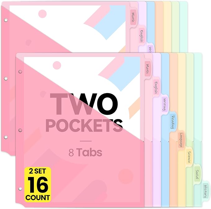 Sooez 16 Count Dividers with 2 Pockets, 8 Tabs Binder Dividers for 3 Ring Binders, Binder Dividers with tabs, Binder Divider with Pockets for US Letter Size, Insertable Big Tabs, Pastels, Set of 2