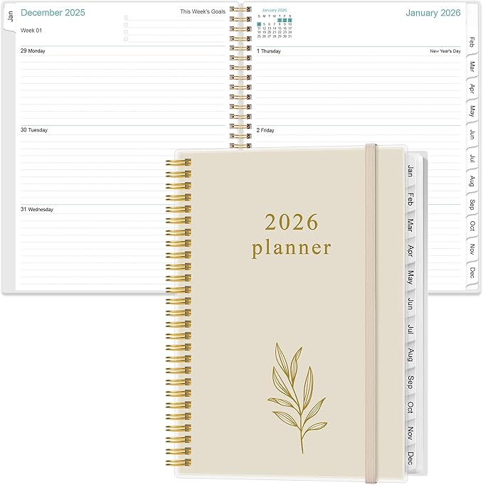 2026 Planner - Planner 2026 from January 2026 to December 2026 with 12 Monthly Tabs, Flexible Cover, Inner Pocket, 8.5" x 11", Beige