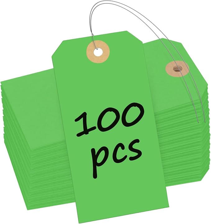 Uniclife 100 Pcs Green Blank Shipping Tags with Wire Attached 4.7 Inch Paper Tags Hang Tag with Reinforced Eyelet Large Marking Label Writable Price Inventory Label Tag, 4.7" x 2 3/8"