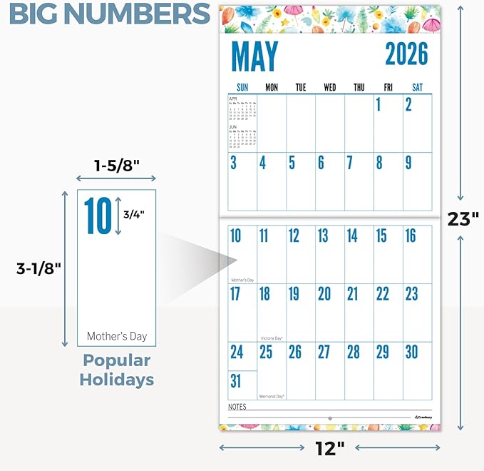 CRANBURY Large Print Wall Calendar 2026, 12x23" Open, 12 Months Seasonal Designs, Use Jan to Dec 2026, Big Numbers, Big Grid, Low Vision Calendar, Non-Glossy Paper for Easy Writing, Includes Planner Stickers