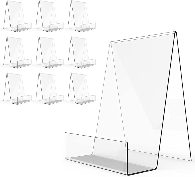 Boloyo Acrylic Book Stand with Ledge,10PC 6 Inch Clear Acrylic Display Easel Transparent Display Stand Holder Tablet Holder for Displaying Books,Magazine,Plate,Pictures,Artworks, CDs