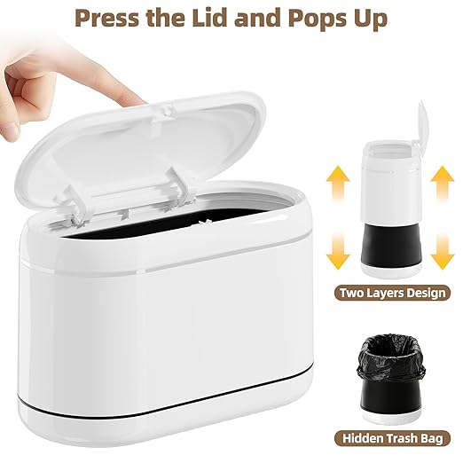PAVSTINE Mini Trash Can for Desk with 5 Rolls of Trash Bags, Small Press-Top Countertop Garbage Bin, Removable Waste Basket for Bedroom, Vanity, Coffee Table, Kitchen (White Full-Lid)