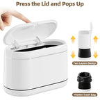 PAVSTINE Mini Trash Can for Desk with 5 Rolls of Trash Bags, Small Press-Top Countertop Garbage Bin, Removable Waste Basket for Bedroom, Vanity, Coffee Table, Kitchen (White Full-Lid)