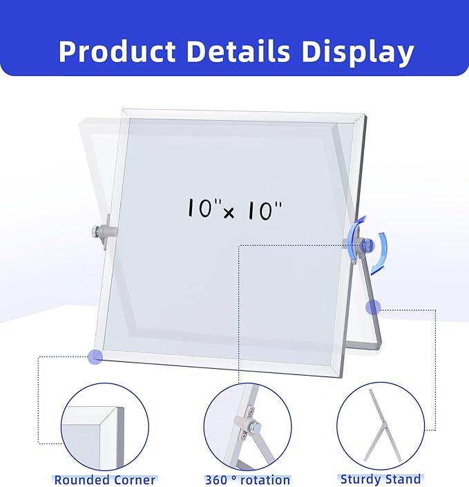 MXG 10x10 Inch Magnetic Dry Erase Board, Double Sided Small Whiteboard with Stand, 360° Rotatable & Adjustable, Includes Markers, Eraser & Magnets, for Office, Home, Fridge, Wall