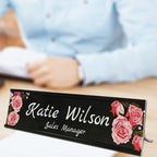 2" x 8" Custom Name Plate for Desk, Office Aluminum Desk Name Plate Personalized with Pretty Roses Pattern-(5 Styles)