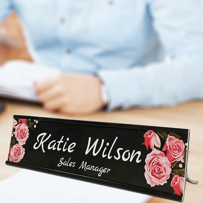 2" x 8" Custom Name Plate for Desk, Office Aluminum Desk Name Plate Personalized with Pretty Roses Pattern-(5 Styles)