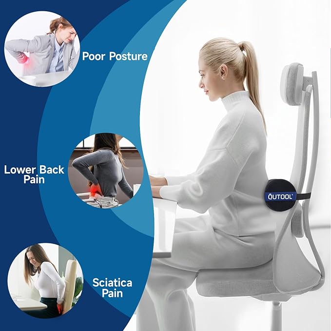 QUTOOL Lumbar Roll, Lumbar Support Pillow for Office Chair with Non-Slip Wider Strap, Back Pain Relief & Posture Improvement, Washable Cover, Office Desk & Car Accessories, Medium Soft