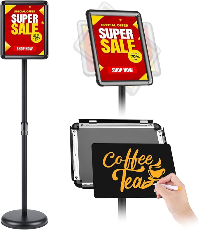 RedChili Floor Standing Sign Holder Stand for 8.5x11 Inches Poster or Chalk Board, Pedestal Sign Holder with Snap Open Frame 8.5" x 11",360° Rotation, Outdoor Indoor Standing Display Sign Holders for Advertising (Black, Round Corner)