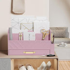 WISUCART Bamboo Desk Organizer Mail Holder Countertop Wood Desk Drawer Tabletop Storage Box Pen Holder Letter Sorter Makeup Organizer for School Home Office Supplies with Pen Holder Pink