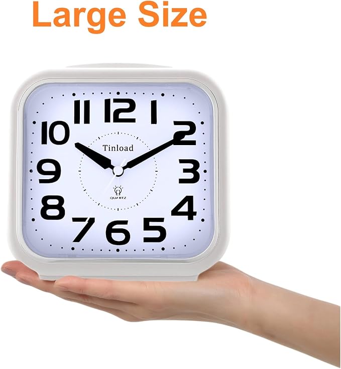 Tinload 5.5" Large Analog Alarm Clock Silent Non Ticking, Gentle Wake, Beep Sounds, Increasing Volume, Battery Operated Snooze and Manual Light, Easy Set,White (Best for Elder)