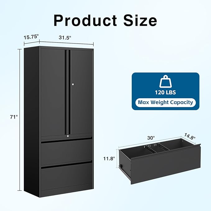 PEUKC 2-Drawer Metal File Cabinet, Lateral Vertical Filing Cabinets for Home Office, Locking File Cabinet with Storage Shelves, Legal/Letter/A4 Size Office File Cabinets (Black, Assemble Required)