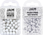 JAM PAPER Colorful Push Pins - Flat & Round Head Thumb Tack Combo Set - White Pushpins - 200/Pack