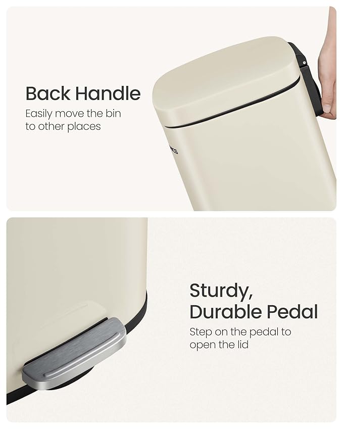 SONGMICS Trash Can with Lid, 8 Gallon Garbage Can, Stainless Steel Small Waste Bin with Step Pedal and Inner Bucket, Soft Close, Kitchen, Sand Beige ULTB003A01