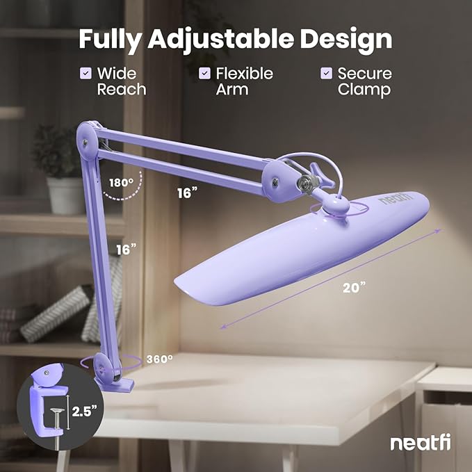 Neatfi XL 2,200 Lumens LED Desk Lamp with Clamp, 24W Bright Architect Task Lamp, 20 Inches Dimmable Computer Light, Adjustable Desk Light for Home, Office, Crafts, Nails & Hobbies (Non-CCT, Lavender)