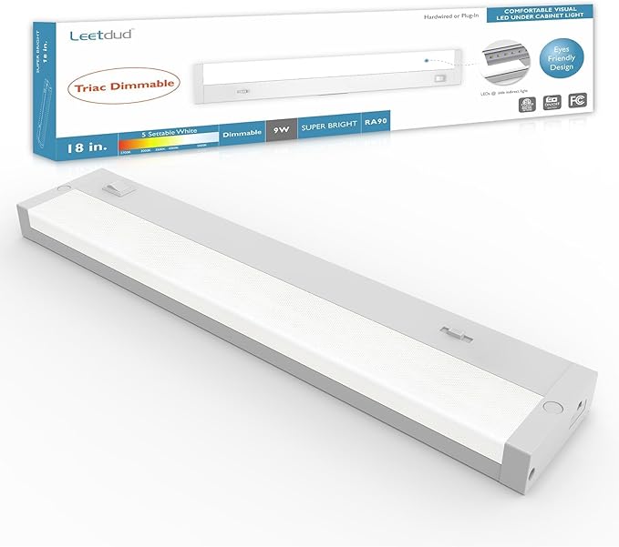 Leetdud LED Under Cabinet Lighting Hardwired or Plug in, 18 Inch 9W, Dimmable 5 Color 2700K/3000K/3500K/4000K/5000K, Linkable Eyes Care Design Counter Lights for Kitchen, Sink, ETL Listed, White