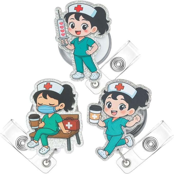 3PC Cartoon Nurse Badge Reel Cute Fun Funny ID Name Holder Alligator Clip Nursing Student Scrub Accessories Hospital Work Supplies Thank You Gifts for Medical Assistant RN LPN Healthcare Workers