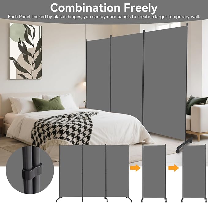 Room Divider (3 Panel) Wall Divider for Room Separation, 102 inch Wide Portable Privacy Screens W/Wheels, Metal Frame Freestanding Room Separators 5.6FT Room Partitions and Dividers